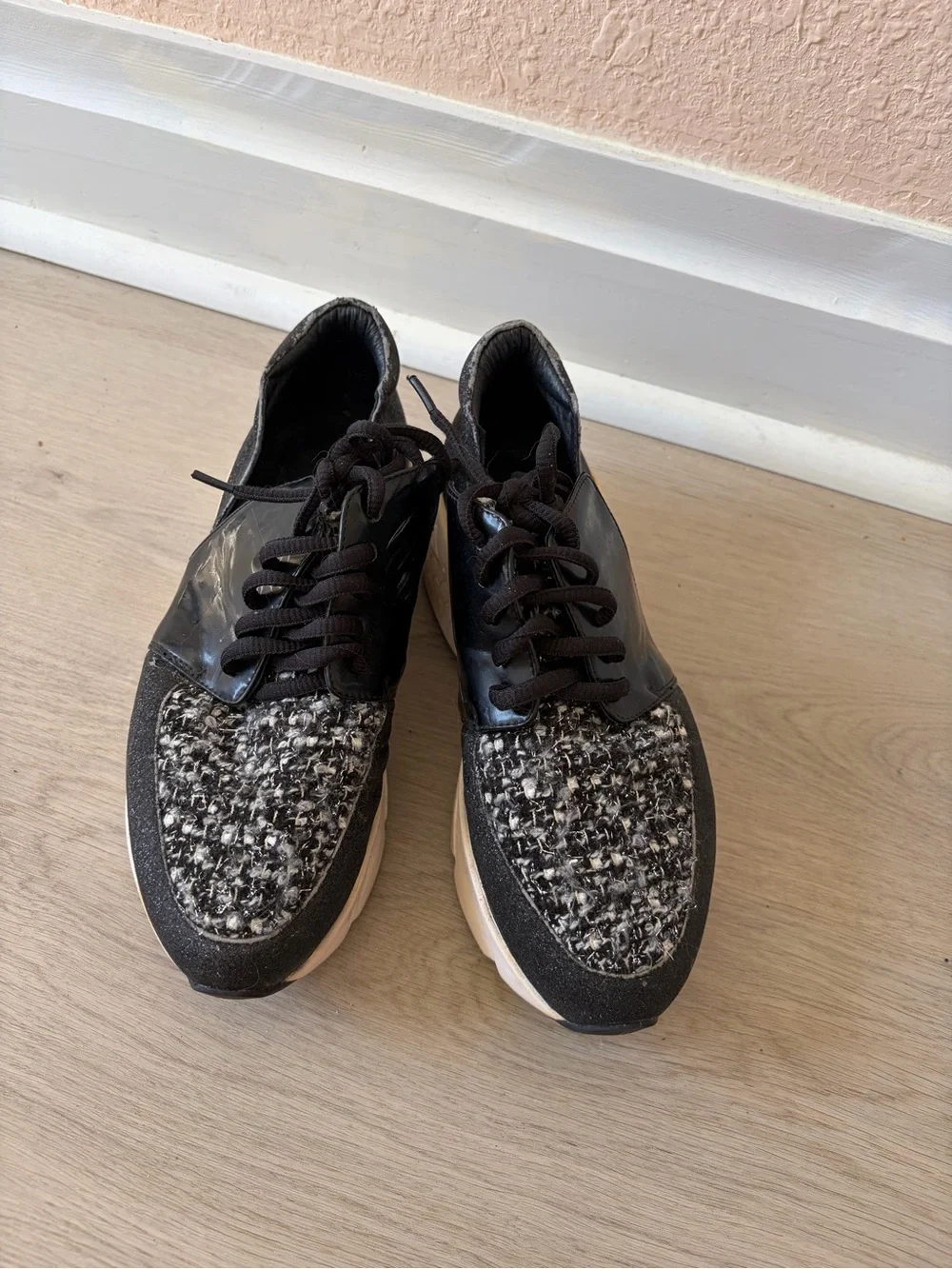 Jeffrey Campbell Black Tweed Platform Lace-Up Sneakers with Cream Sole